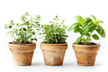 Obraz premium Fresh herbs growing in small pots