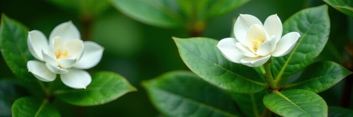 Obraz premium Delicate white gardenia blooms amidst lush greenery in a minimalist artistic design , art, plant