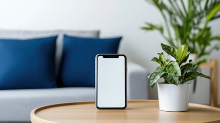 Modern smartphone on wooden table with plant in stylish living room showcasing minimalist design and comfort