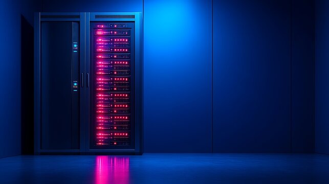 Cyberpunk Server Room: Neon-lit server rack in a dark, futuristic data center. Sleek design, glowing lights, and reflective floor. Perfect for tech, cybersecurity, and futuristic themes. 