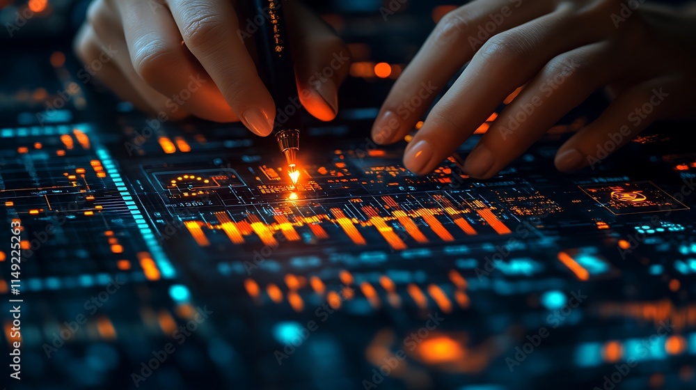 Poster hands adjusting circuit board: a close-up shot of hands adjusting a circuit board with glowing orang