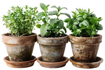 Obraz premium Fresh herbs growing in small pots