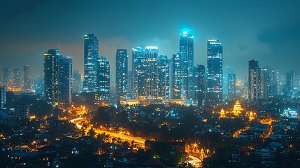 Obraz premium Night cityscape, skyscrapers illuminated, city lights, urban scene.