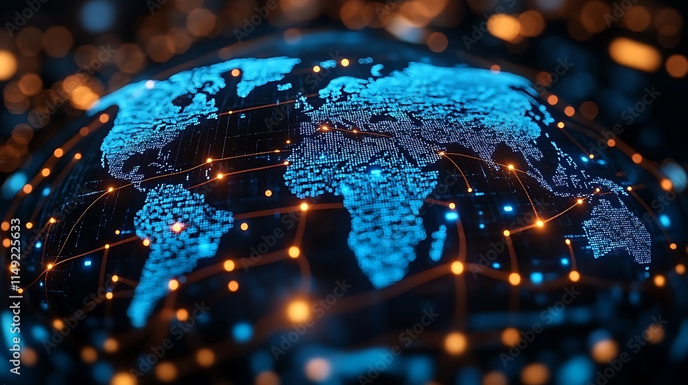 Poster global network: a futuristic depiction of a glowing blue world map with interconnected lines of ligh