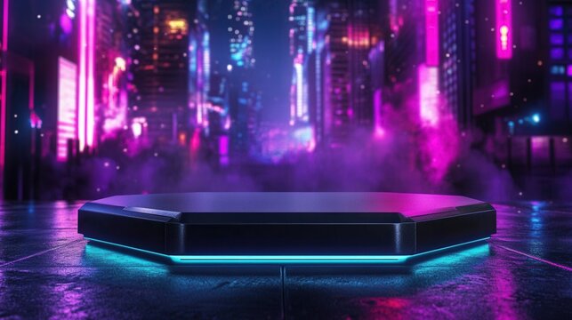 Futuristic Octagonal Platform with Neon Lights in a Cyberpunk City Nightscape - Product Display Mockup