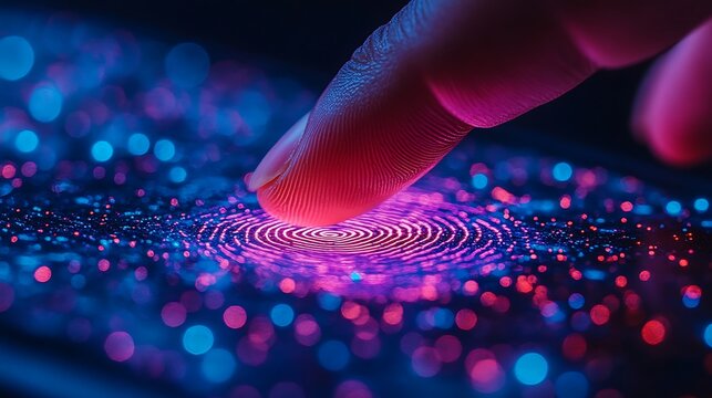 Digital Fingerprint: A close-up, abstract image of a fingertip touching a glowing digital fingerprint sensor, suggesting security, authentication, and technological advancement.