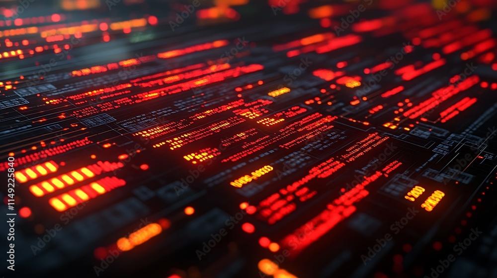 Poster cyberpunk data stream: a mesmerizing digital landscape of glowing red and orange data streams, evoki