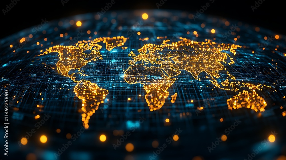 Poster Global Network: A mesmerizing digital rendering of the world map, with glowing golden lines tracing continents across a dark blue, circuit-board-like background.