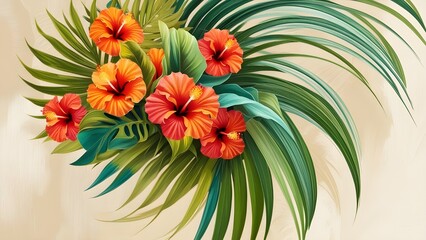 AI GENERATE background, Tropical floral abstraction with overlapping palm leaves and hibiscus flowers