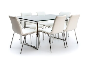 glass-top dining table with white chairs isolated on white background