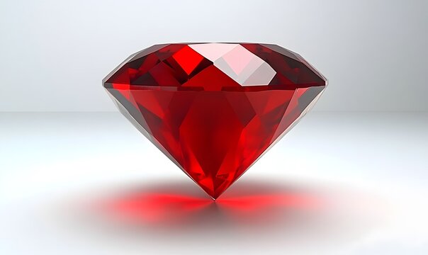 Faceted red gemstone, brilliant cut, on soft reflective surface.