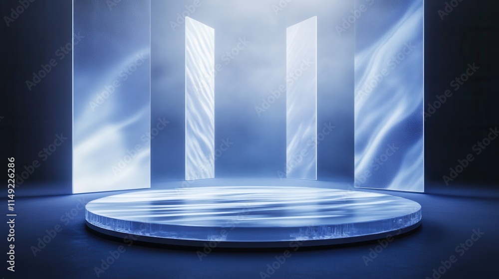 Poster abstract blue glass podium with frosted panels minimalist 3d render for product display or backgroun
