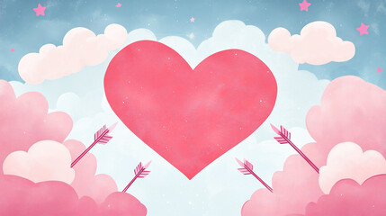  illustrated scene where Cupid's arrows form a heart in the sky,