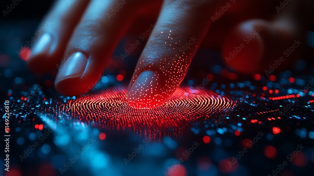 Poster digital fingerprint scan: close-up of a finger touching a futuristic, glowing fingerprint scanner. t