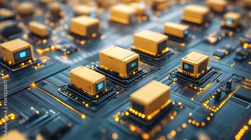 Poster microchips on a circuit board: a close-up view of microchips arranged on a circuit board, showcasing