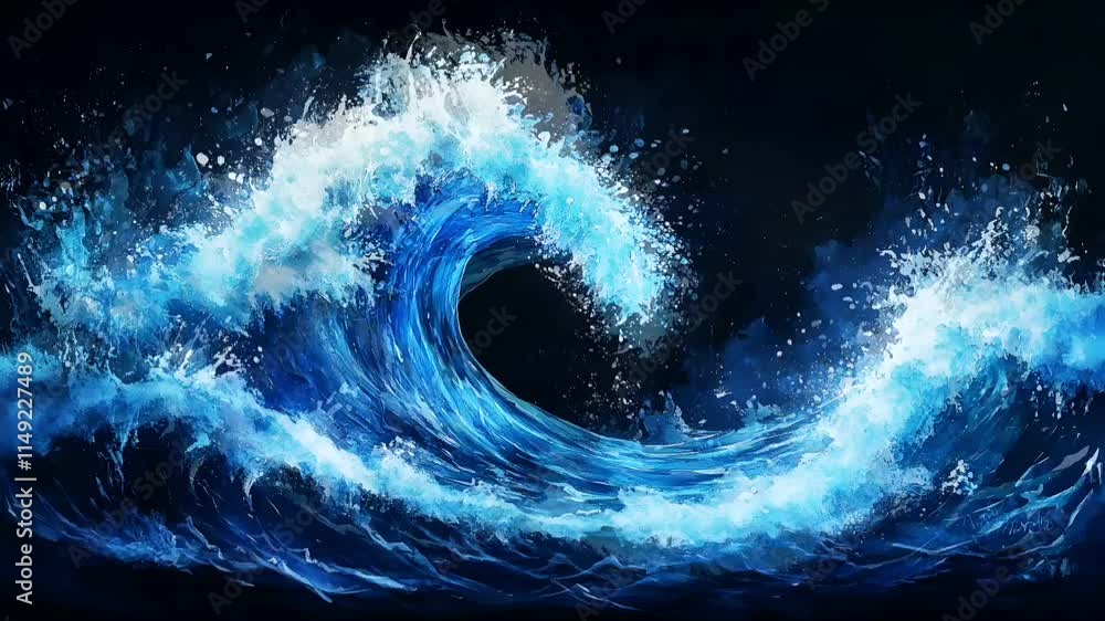 Aufkleber Seamless Looping. Vibrant Blue Wave with Splashes of Water and Dynamic Flow. Abstract Motion Animation