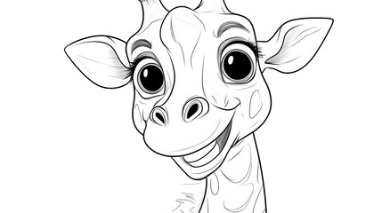 Line drawing of a friendly giraffe with a big smile