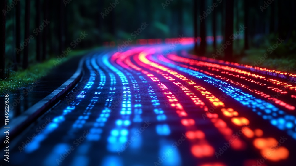 Poster digital road: a winding path through a lush forest, illuminated by a vibrant stream of red and blue 