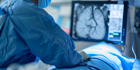  Surgeon examining brain angiography on screen during procedure, Medical professional using advanced imaging in surgery