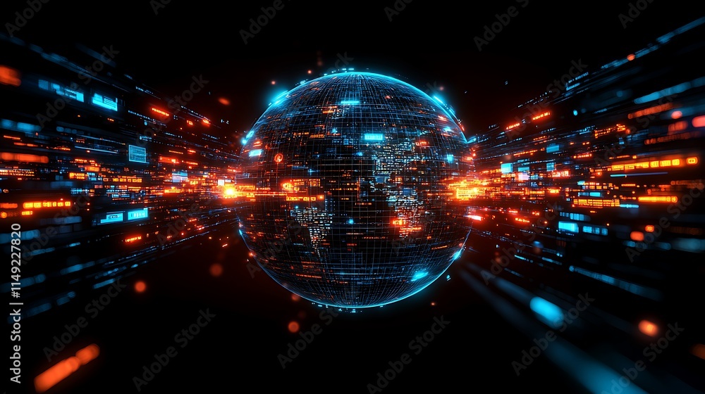 Poster global network: a digital globe pulses with vibrant blue and orange lines, symbolizing the interconn