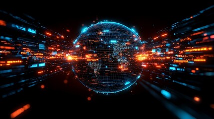 Obraz premium Global Network: A digital globe pulses with vibrant blue and orange lines, symbolizing the interconnectedness and dynamism of the global network. This abstract.