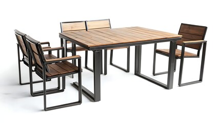 wooden table with metal frame and chairs isolated on white background