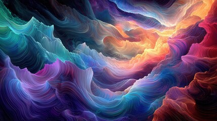 Obraz premium Vivid Abstract Landscape Swirling Neon Hues and Dynamic Wave Patterns, Digital Art Background