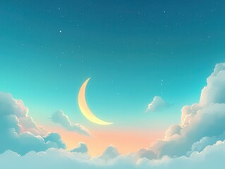 Dreamy Pastel Sky Crescent Moon, Soft Clouds, and Sparkling Stars Background Illustration