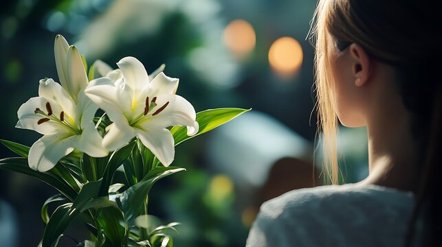 A calm funeral moment with a woman carrying white lilies near a coffin