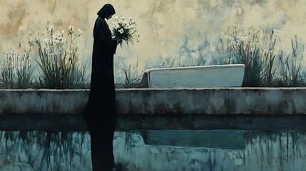 A reflective funeral scene with a woman carrying a lily bouquet near a coffin