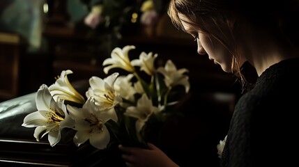 A funeral tribute with a woman quietly holding lilies by a dark wooden coffin