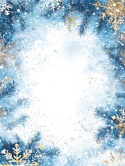 Elegant Blue and Gold Christmas Border with Snowflakes and Pine Elements for Holiday Art Projects and Festive Decorations