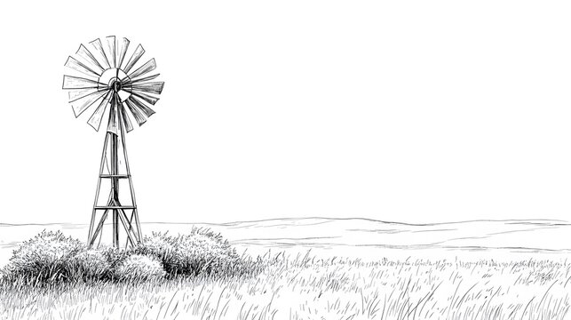 Simple line drawing of a windmill spinning in a field