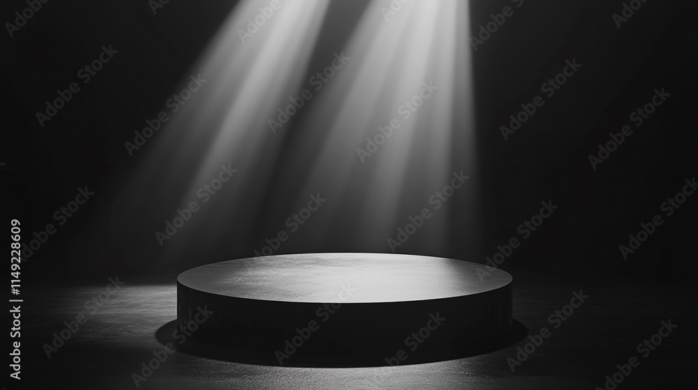 Poster stage illuminated by dramatic lighting in a dark setting for a performance.