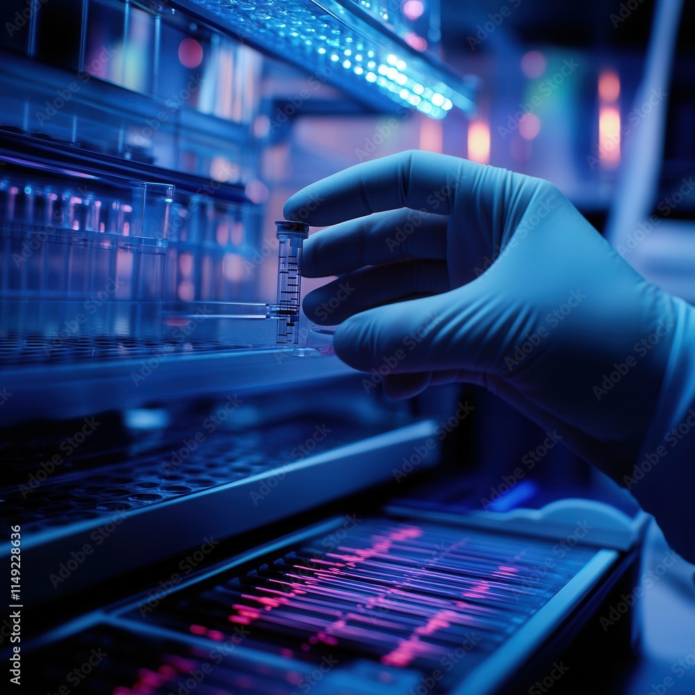 Aufkleber gloved hand carefully handling a sample vial in a modern laboratory setting with vibrant blue and pi
