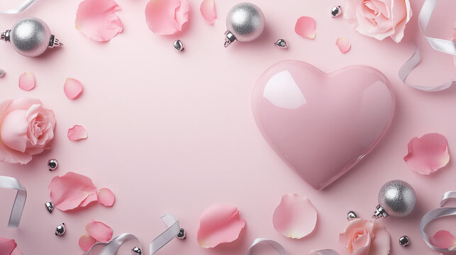 Realistic Flatlay: Minimalist design, large pink heart space, silver bells and ribbons, rose petals