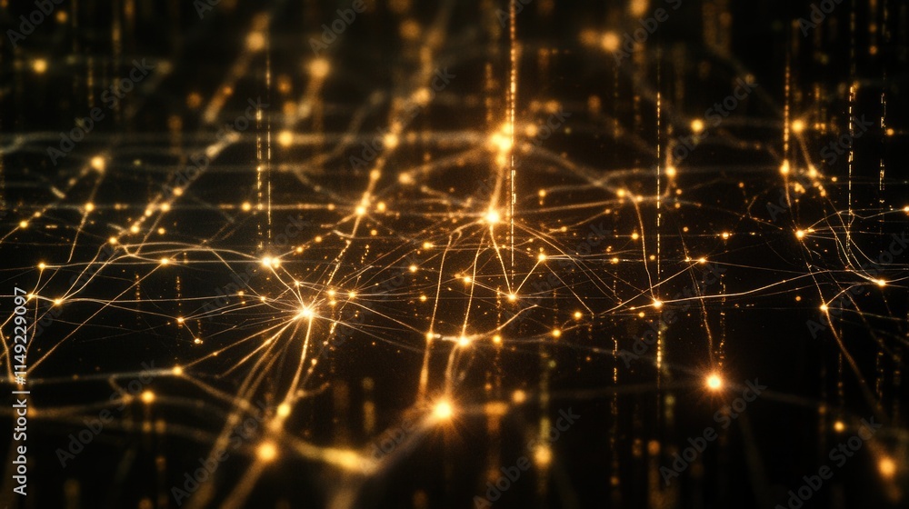 Poster abstract golden network glittering connections and nodes on dark background - high-resolution stock 