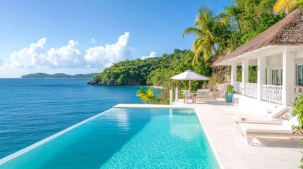 Fototapeta premium Exclusive private ocean villa concept. A stunning tropical villa with an infinity pool overlooking the serene ocean and lush greenery, ideal for relaxation and luxury.