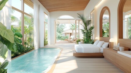 Fototapeta premium Exclusive private ocean villa concept. Luxurious indoor space featuring a serene pool and vibrant greenery, perfect for relaxation and modern living.
