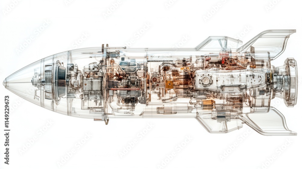 Poster transparent x-ray view of rocket engine, detailed 3d render of spacecraft mechanism, futuristic tech