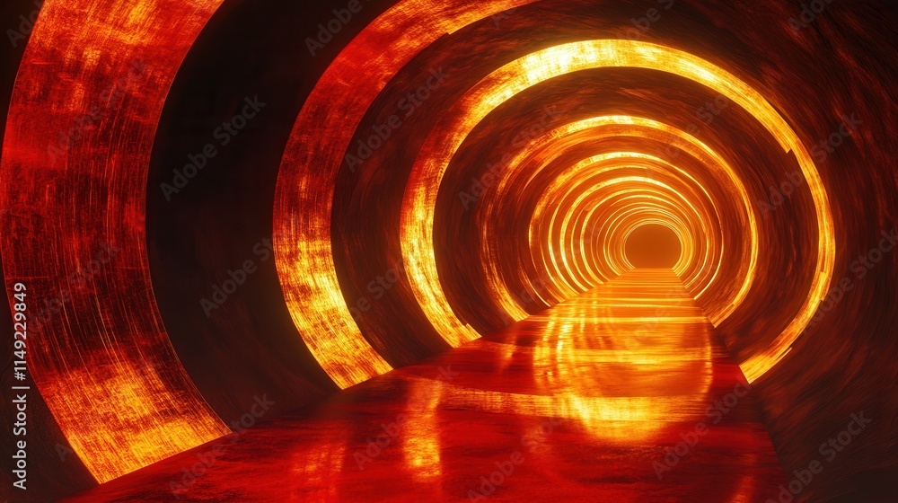 Poster fiery orange and red glowing tunnel abstract 3d render of circular corridors with reflective floor