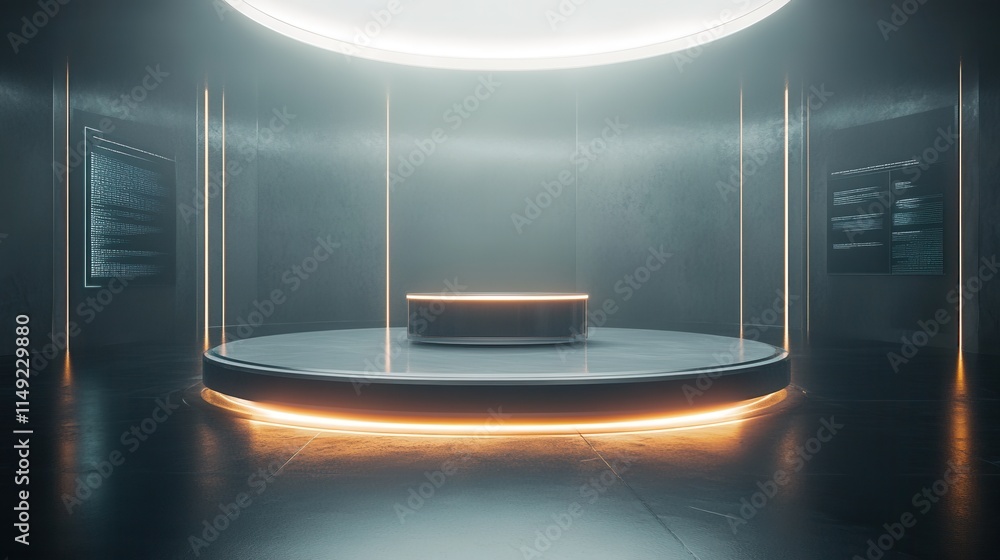 Poster futuristic circular platform with neon lighting and data screens - modern tech display stand
