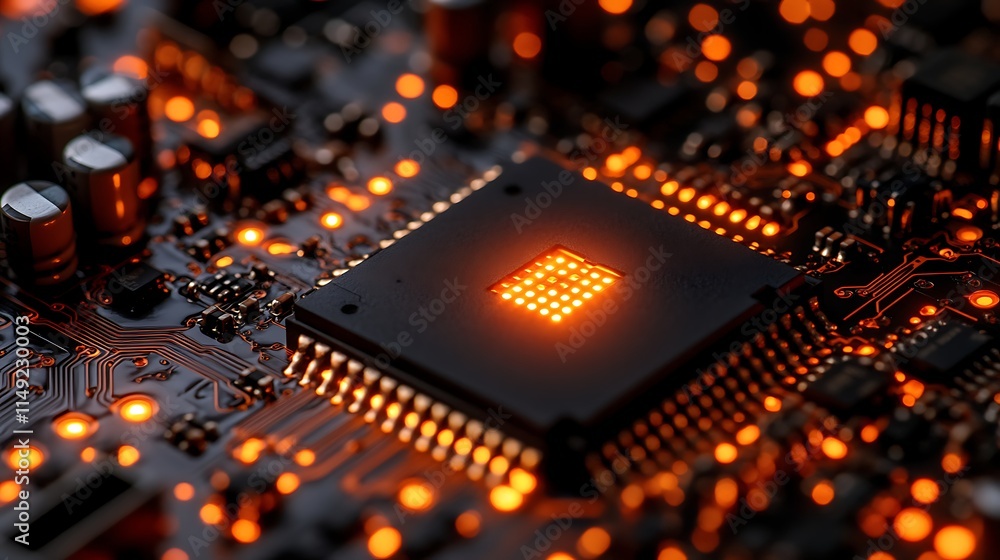 Poster the heart of innovation: a close-up view of a powerful microprocessor, glowing with warm light as it