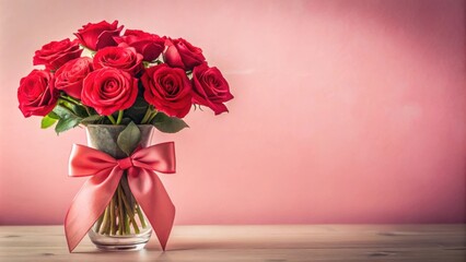 Fototapeta premium A beautiful red bow tied around a bouquet of roses in a elegant vase with soft pink background , valentines day, color