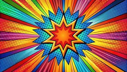 Fototapeta premium Colorful comic book-inspired artwork with bold lines and bright colors against a radial background, featuring geometric shapes and abstract patterns , comic book art, background