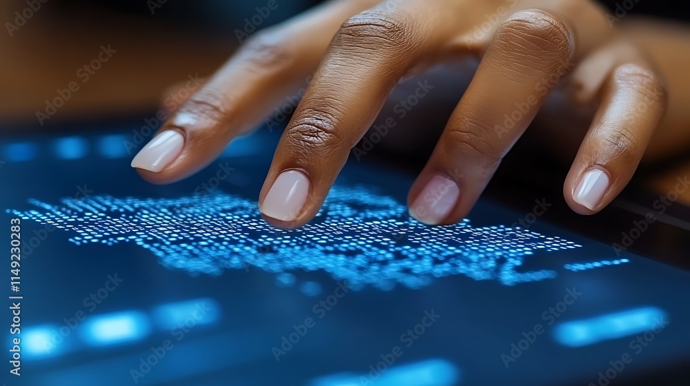 Poster close-up of a hand interacting with a digital screen, showcasing the intricate details of code and t