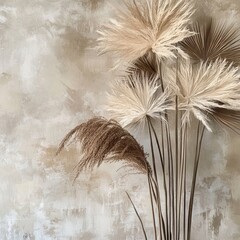 Dried Pampas Grass and Palm Leaves Against Textured Beige Wall Bohemian Home Decor, Neutral Background, Interior Design Stock Photo.