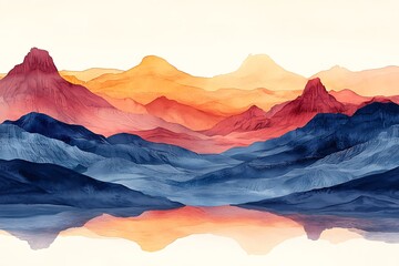 Abstract Watercolor Painting of Serene Mountains with a Reflective Lake.