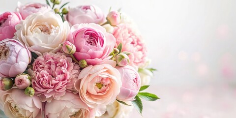 Obraz premium A delicate bouquet of pastel pink peonies and roses against a soft white background
