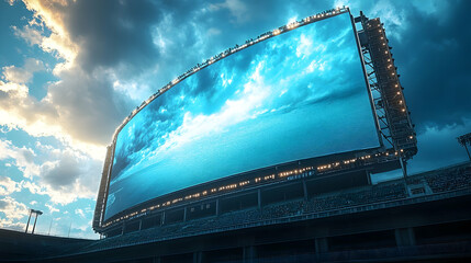 Fototapeta premium A large digital screen displays a serene ocean scene under a dramatic sky.